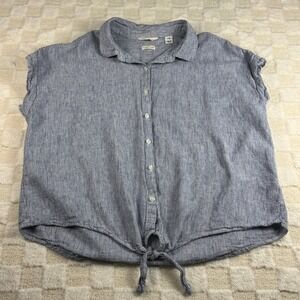 Weatherproof Vintage Washable‎ Linen Blue Striped Tie-Front Top - Women's L
